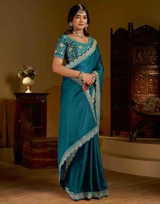 Rama green rangoli silk saree with heavy embroidery work and heavy work 3
