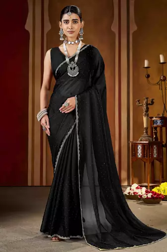 Black rangoli silk saree with beads lace and stone work