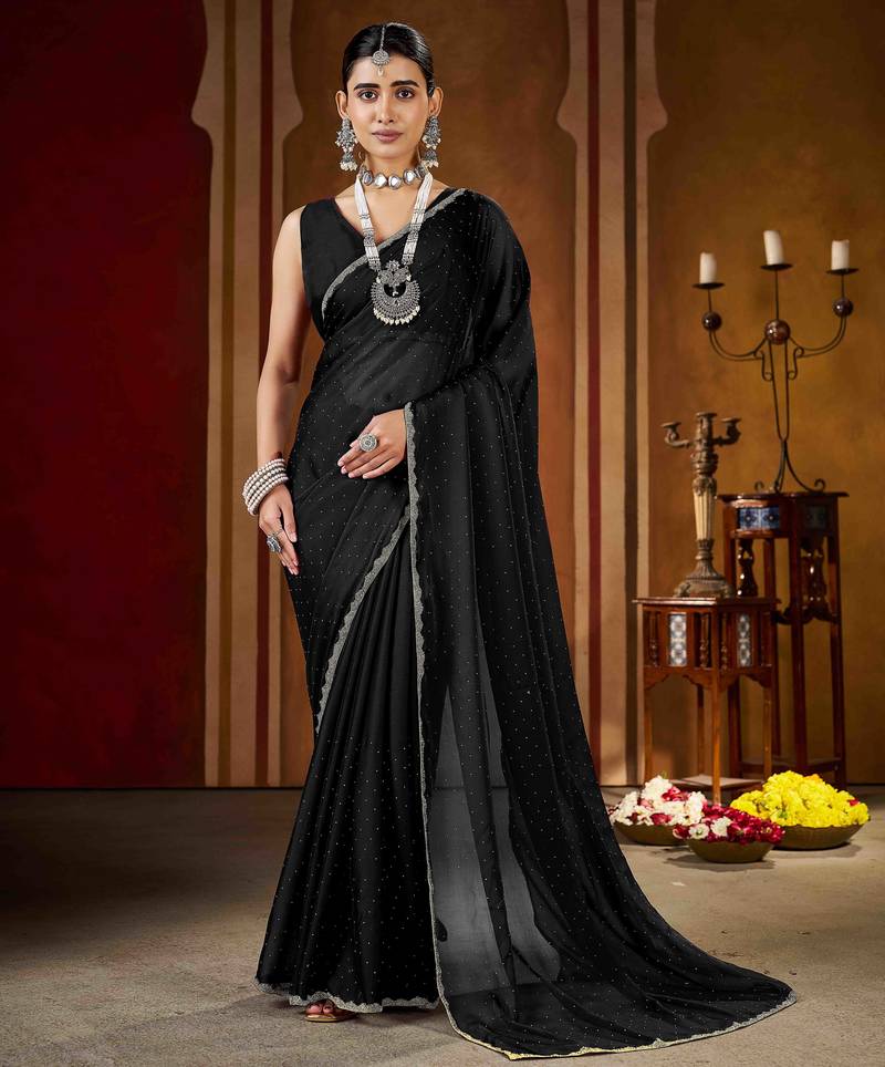 Black rangoli silk saree with beads lace and stone work