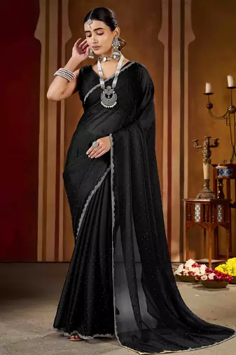 Black rangoli silk saree with beads lace and stone work