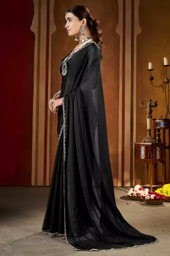 Black rangoli silk saree with beads lace and stone work