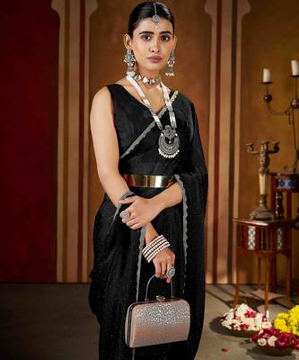 Black rangoli silk saree with beads lace and stone work 5