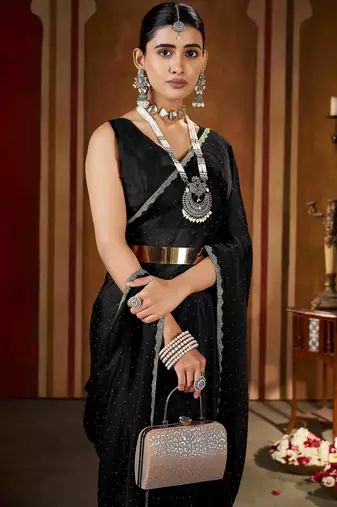 Black rangoli silk saree with beads lace and stone work