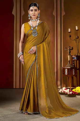 Designer gold rangoli silk saree with beaded lace border
