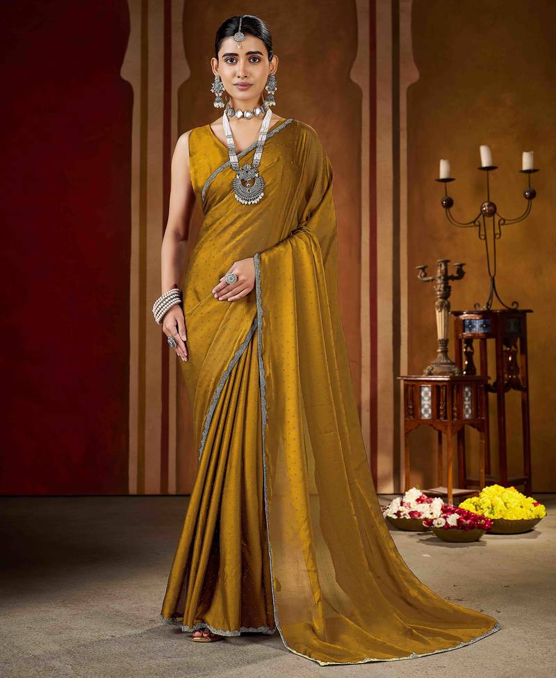 Designer gold rangoli silk saree with beaded lace border