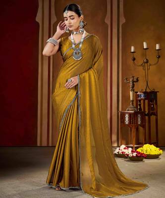 Designer gold rangoli silk saree with beaded lace border 2