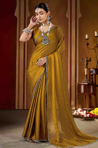 Designer gold rangoli silk saree with beaded lace border