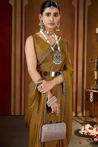 Designer gold rangoli silk saree with beaded lace border