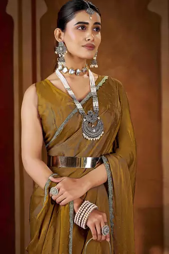 Designer gold rangoli silk saree with beaded lace border