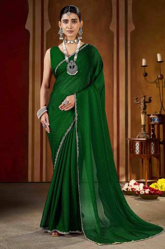 Soft green rangoli silk saree with beads lace and stones