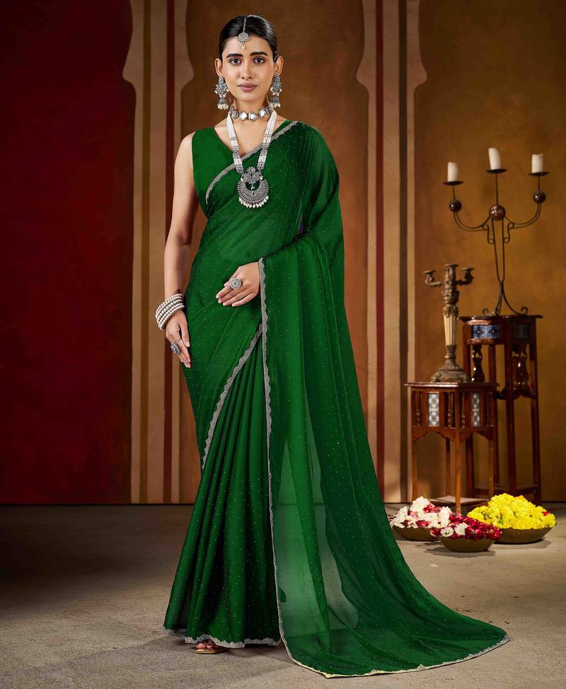 Soft green rangoli silk saree with beads lace and stones