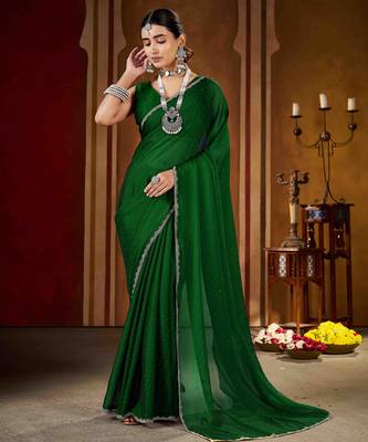 Soft green rangoli silk saree with beads lace and stones 2