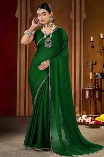 Soft green rangoli silk saree with beads lace and stones