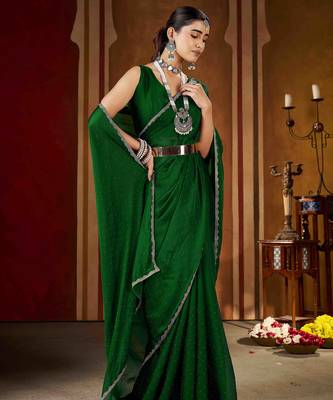Soft green rangoli silk saree with beads lace and stones 3