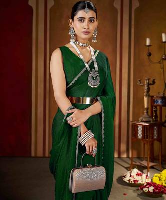 Soft green rangoli silk saree with beads lace and stones 4