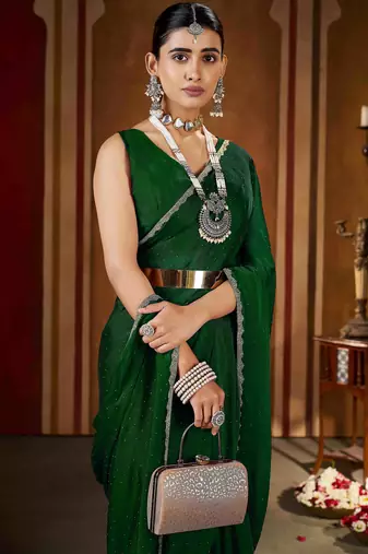 Soft green rangoli silk saree with beads lace and stones