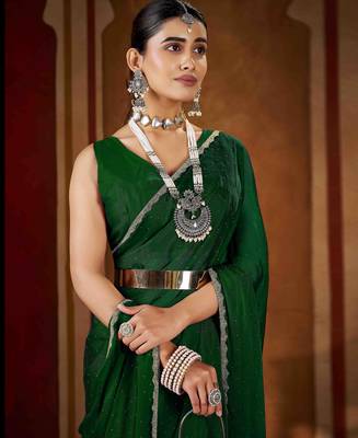 Soft green rangoli silk saree with beads lace and stones 5