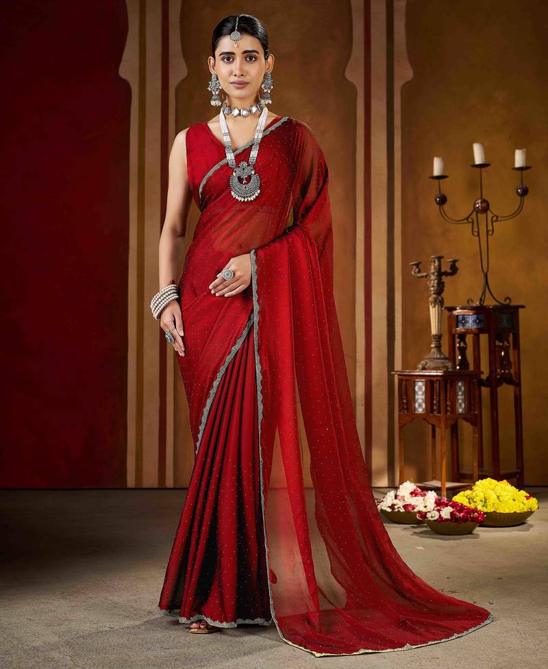Elegant maroon rangoli silk saree with stone & beads work