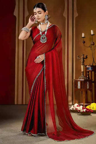 Elegant maroon rangoli silk saree with stone & beads work