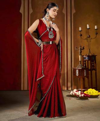 Elegant maroon rangoli silk saree with stone & beads work 3