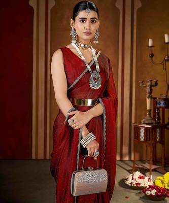 Elegant maroon rangoli silk saree with stone & beads work 4