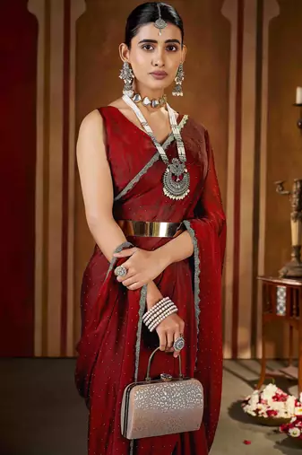 Elegant maroon rangoli silk saree with stone & beads work