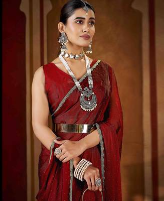 Elegant maroon rangoli silk saree with stone & beads work 5