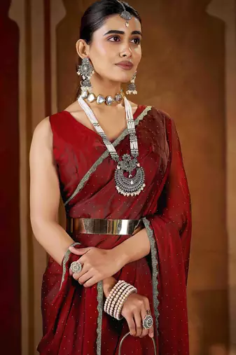 Elegant maroon rangoli silk saree with stone & beads work