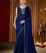 Party wear navy blue rangoli silk saree with fancy lace border