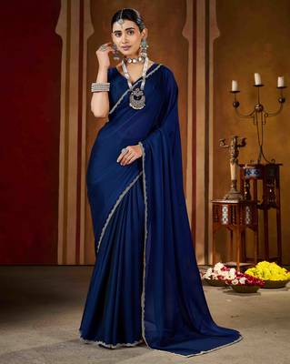 Party wear navy blue rangoli silk saree with fancy lace border 3