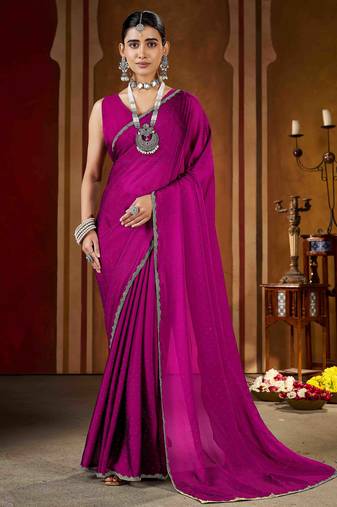 Wedding wear pink rangoli silk saree with stone work border