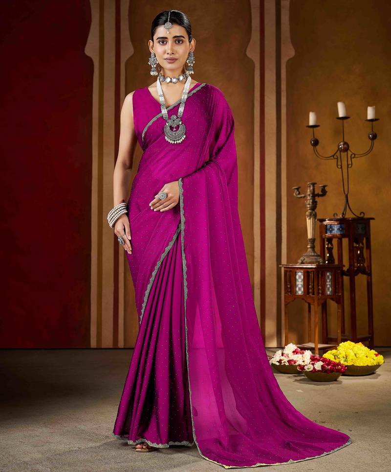 Wedding wear pink rangoli silk saree with stone work border