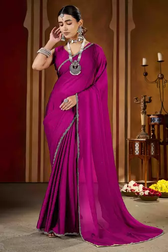 Wedding wear pink rangoli silk saree with stone work border
