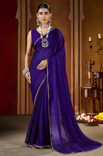 Premium violet  rangoli silk saree with beads & lace detailing