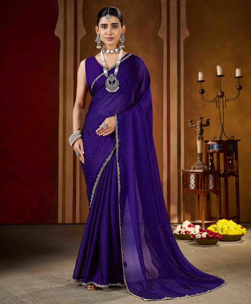 Premium violet  rangoli silk saree with beads & lace detailing