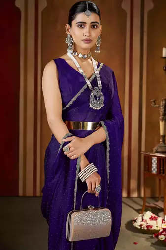 Premium violet  rangoli silk saree with beads & lace detailing