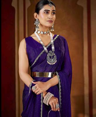 Premium violet  rangoli silk saree with beads & lace detailing 5