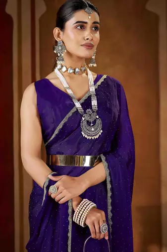 Premium violet  rangoli silk saree with beads & lace detailing
