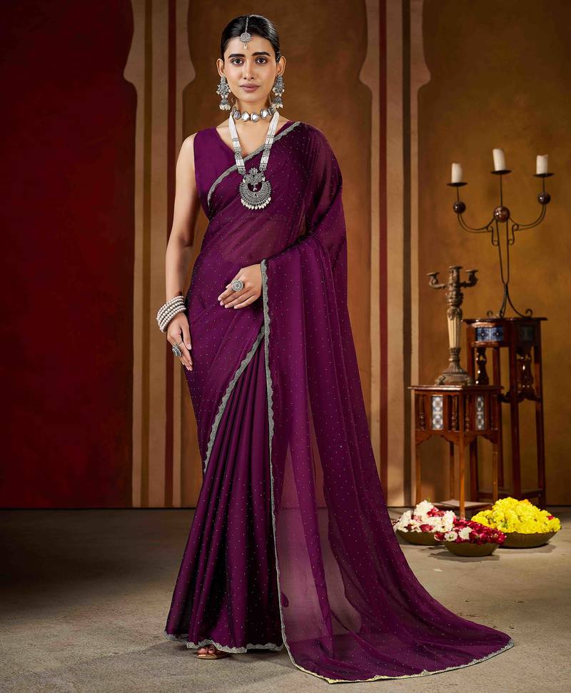 Traditional wine  rangoli silk saree with stone lace work