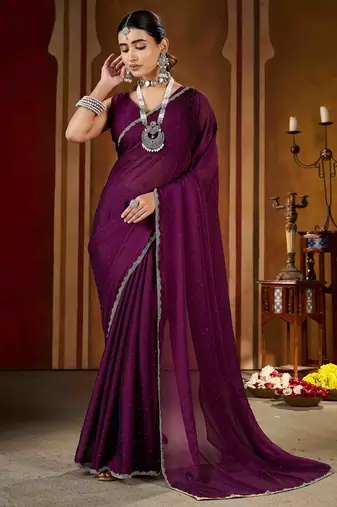 Traditional wine  rangoli silk saree with stone lace work