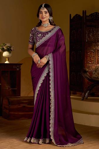 Wine rangoli silk saree with heavy embroidery work and heavy work