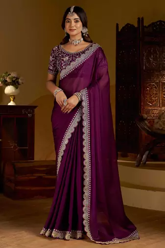 Wine rangoli silk saree with heavy embroidery work and heavy work