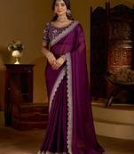 Wine rangoli silk saree with heavy embroidery work and heavy work