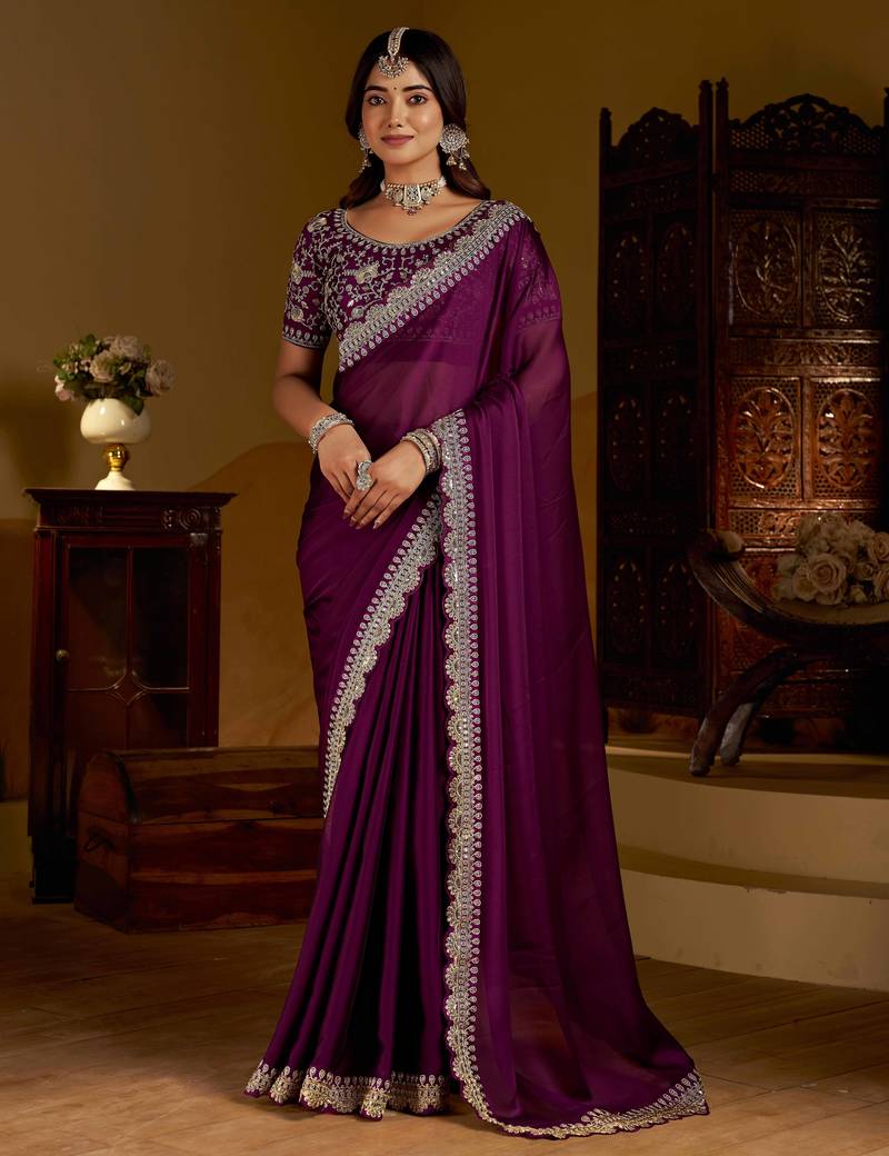 Wine rangoli silk saree with heavy embroidery work and heavy work