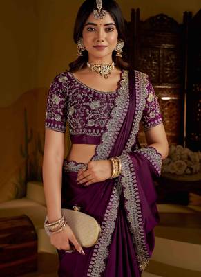 Wine rangoli silk saree with heavy embroidery work and heavy work 2