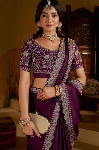 Wine rangoli silk saree with heavy embroidery work and heavy work