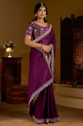 Wine rangoli silk saree with heavy embroidery work and heavy work