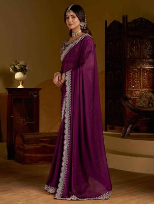 Wine rangoli silk saree with heavy embroidery work and heavy work 4