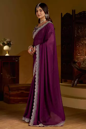 Wine rangoli silk saree with heavy embroidery work and heavy work