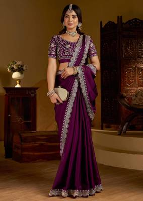 Wine rangoli silk saree with heavy embroidery work and heavy work 5